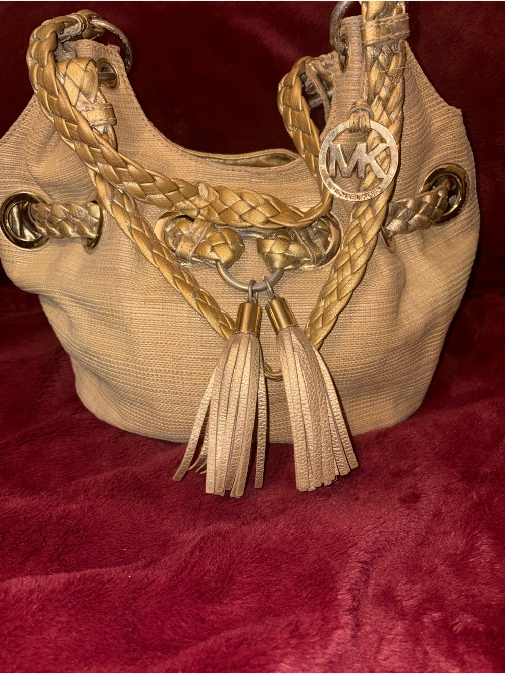 Michael Kors Tan Braided Tassel Hobo with Gold-Tone MK Charm- Vintage